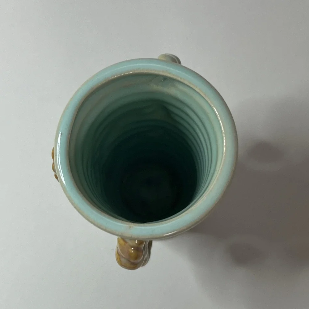 Vintage Japan Ceramic Sunflower Bud Vase Blue Ribbed Double Rope Handle Pottery